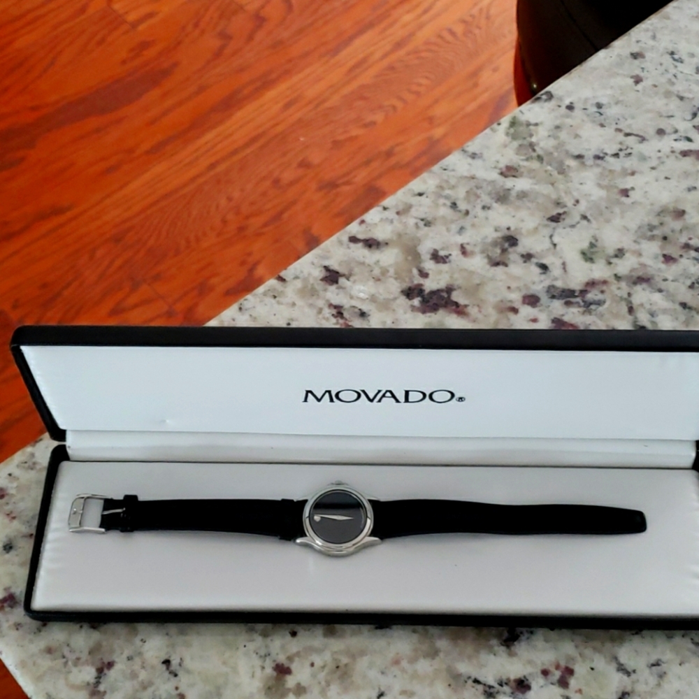 Movado silver watch w/blk leather strap